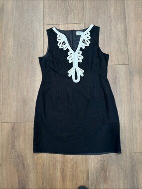 Black Sleeveless Mini Dress with White Embroidered V-Neck